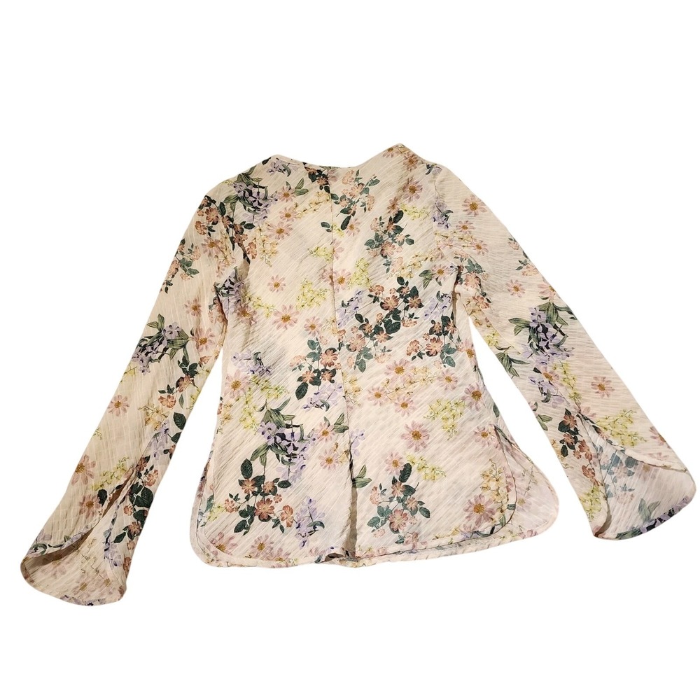 Zara Beige Floral Long Sleeve Blouse Top Size X Small - Picture 3 of 6